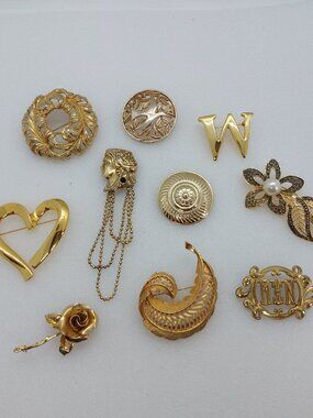 Bundle Of 10 Vintage & Modern Gold Tone Brooch / Pins Few Signed